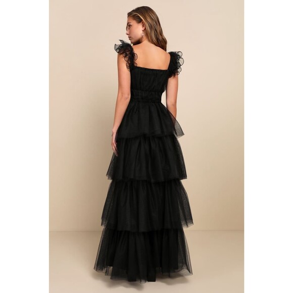 Lulus Tulle For Love Dress Women's XL Black Maxi Mesh Tulle Tiered Ruffled NWOT - Picture 3 of 13